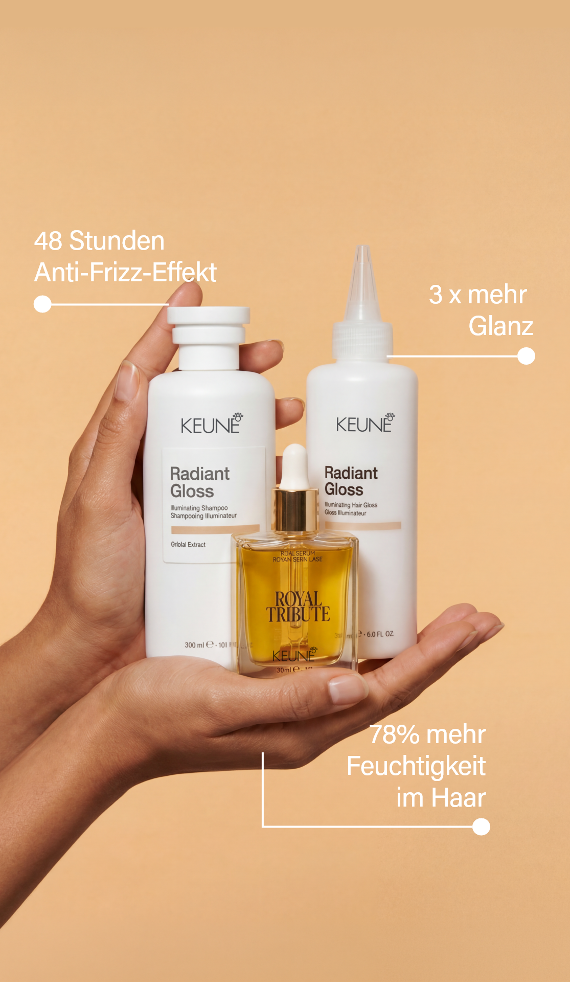Radiant Gloss Hair Gloss: Perfekt für stumpfes Haar. Die leichte Formel bekämpft Frizz, macht Dein Haar glänzend – mit Keune Haarpflegeprodukten auf keune.ch erreichen